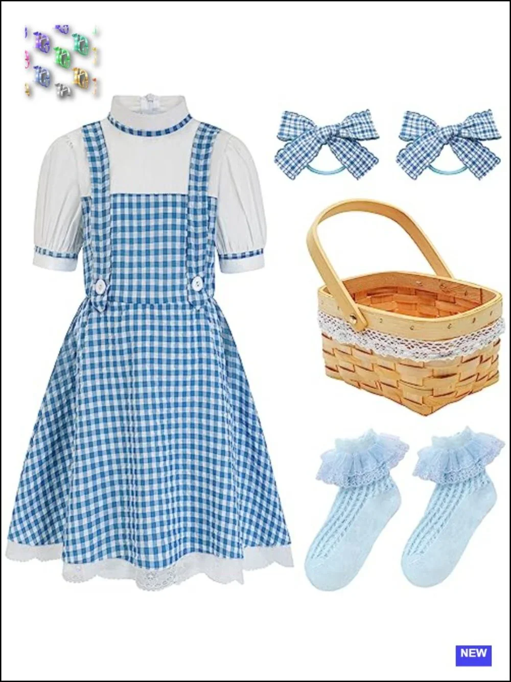 Kids Storybook Character Halloween Costume Blue Gingham Dress Set with Basket